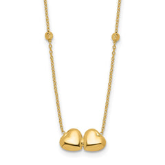 14K Polished Double Heart with Diamond-cut Beads 16 inch Necklace Plus 2 inch Extender