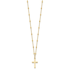 14K Mirror Beaded Chain with Polished Cross Pendant 16.25 inch Necklace Plus 2 inch Extender