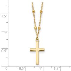 14K Mirror Beaded Chain with Polished Cross Pendant 16.25 inch Necklace Plus 2 inch Extender