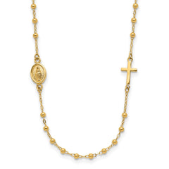 14K Polished Miraculous Medal and Cross Beaded Rosary Design 16.5 inch Necklace