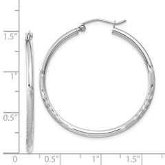 14k White Gold Satin and Diamond-cut 2mm Round Hoop Earrings - 8