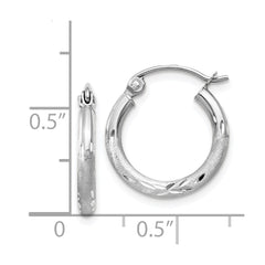 14k White Gold Satin and Diamond-cut 2mm Round Hoop Earrings - 4