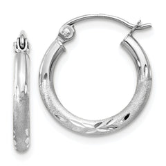 14k White Gold Satin and Diamond-cut 2mm Round Hoop Earrings - 4