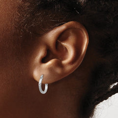 14k White Gold Satin and Diamond-cut 2mm Round Hoop Earrings - 3