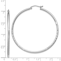 14k White Gold Satin and Diamond-cut 2mm Round Hoop Earrings - 7