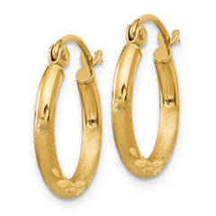 14k Satin and Diamond-cut 2mm Round Tube Hoop Earrings - 6