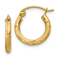 14k Satin and Diamond-cut 2mm Round Tube Hoop Earrings - 7