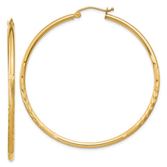 14k Satin and Diamond-cut 2mm Round Tube Hoop Earrings - 2