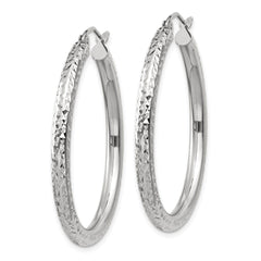 14k White Gold Diamond-cut 3mm Round Hoop Earrings - 11