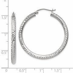 14k White Gold Diamond-cut 3mm Round Hoop Earrings - 11