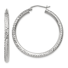 14k White Gold Diamond-cut 3mm Round Hoop Earrings - 11