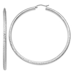 14k White Gold Diamond-cut 3mm Round Hoop Earrings - 5