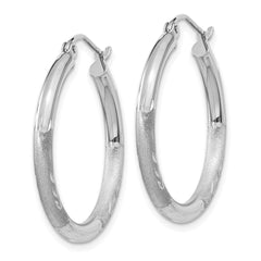 14k White Gold Satin and Diamond-cut 3mm Round Hoop Earrings - 2