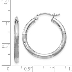 14k White Gold Satin and Diamond-cut 3mm Round Hoop Earrings - 2