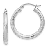 14k White Gold Satin and Diamond-cut 3mm Round Hoop Earrings - 2