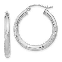 14k White Gold Satin and Diamond-cut 3mm Round Hoop Earrings - 2