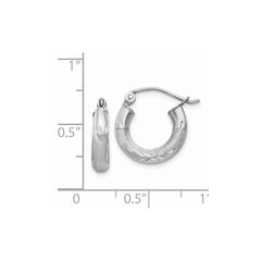 14k White Gold Satin and Diamond-cut 3mm Round Hoop Earrings - 3