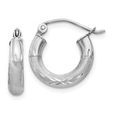 14k White Gold Satin and Diamond-cut 3mm Round Hoop Earrings - 3