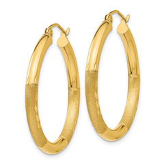 14k Satin and Diamond-cut 3mm Round Hoop Earrings - 9