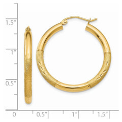 14k Satin and Diamond-cut 3mm Round Hoop Earrings - 9