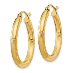 14k Satin and Diamond-cut 3mm Round Hoop Earrings - 2