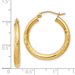 14k Satin and Diamond-cut 3mm Round Hoop Earrings - 2