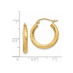 14k Satin and Diamond-cut 3mm Round Hoop Earrings - 3