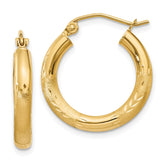 14k Satin and Diamond-cut 3mm Round Hoop Earrings - 3