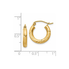 14k Satin and Diamond-cut 3mm Round Hoop Earrings - 4
