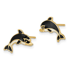 14K White and Black Enamel Dolphin Post Earrings