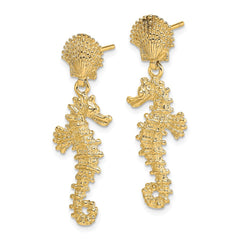 14K Seahorse Dangling From Shell Earrings