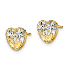 14k w/ Rhodium D/C Flower and Heart Post Earrings