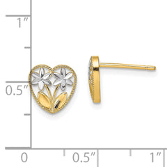 14k w/ Rhodium D/C Flower and Heart Post Earrings