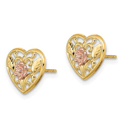 14K Two-tone Polished Floral in Heart Post Earrings