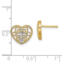 14K w/Rhodium Filigree Cross Center Heart Post Earrings