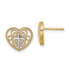 14K w/Rhodium Filigree Cross Center Heart Post Earrings