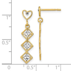14k w/RH D/C Heart and Diamond Shape Post Dangle Earrings