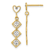 14k w/RH D/C Heart and Diamond Shape Post Dangle Earrings