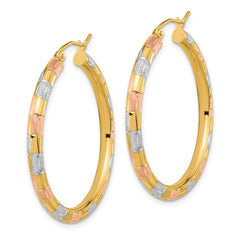 14k w/ White and Rose Rhodium Polished Satin Diamond-cut Hoop Earrings - 2