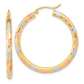 14k w/ White and Rose Rhodium Polished Satin Diamond-cut Hoop Earrings - 2