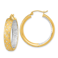 14k White Rhodium Polished Satin Diamond-cut In/Out Hoop Earrings - 2