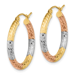 14k w/White and Rose Rhodium Polished Diamond-cut Hoop Earrings - 2