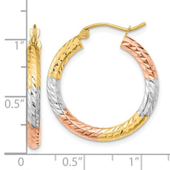 14k w/White and Rose Rhodium Polished Diamond-cut Hoop Earrings - 2