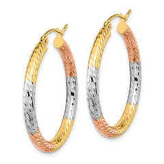14k w/White and Rose Rhodium Polished Diamond-cut Hoop Earrings - 3