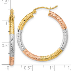14k w/White and Rose Rhodium Polished Diamond-cut Hoop Earrings - 3
