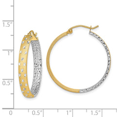 14k w/White Rhodium Polished Satin Diamond-cut In/Out Hoop Earrings