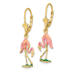 14K W/ Enamel 3-D Flamingo Leverback Earrings