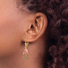 14K W/ Enamel 3-D Flamingo Leverback Earrings