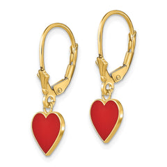 14K Polished Enameled Heart Dangle Leverback Earrings