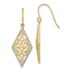 14K w/Rhodium Diamond Shape Filigree Dangle Earrings